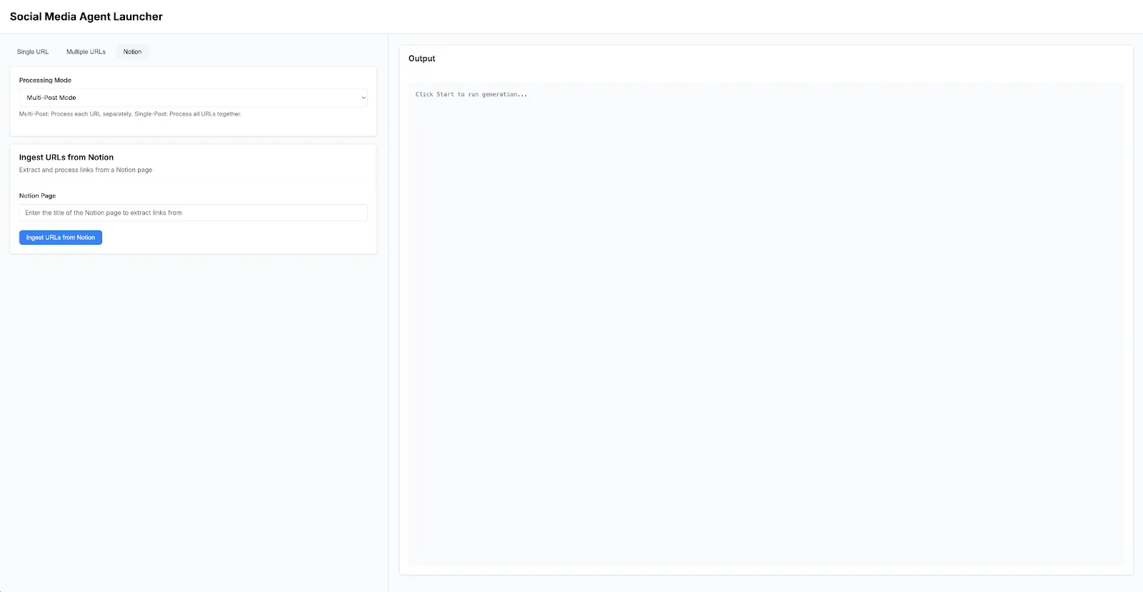 Screenshot of the ExpressJS UI for the social media post generator agent