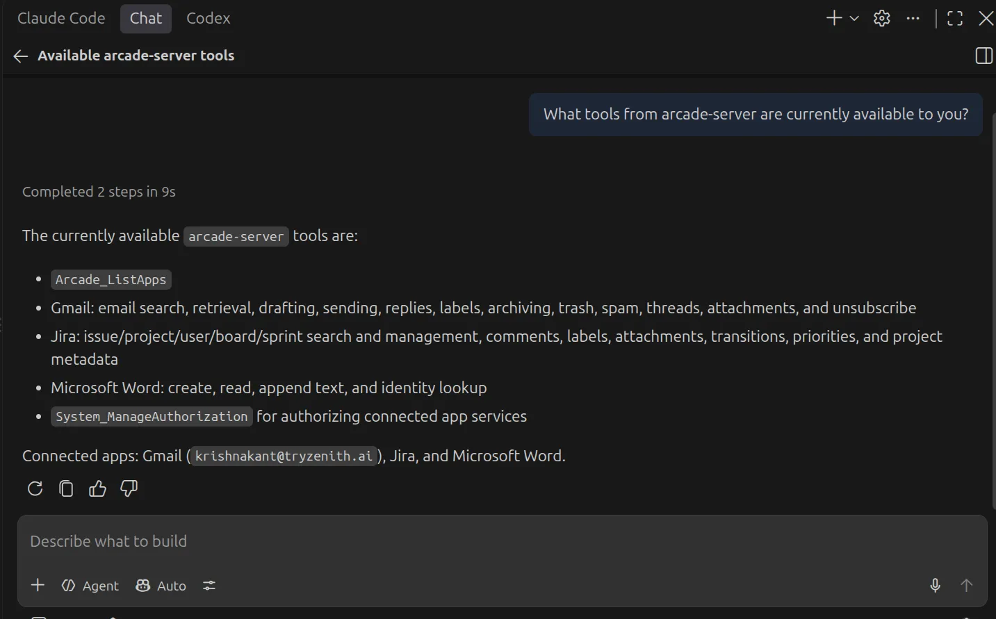 List the available tools from the arcade-server server.