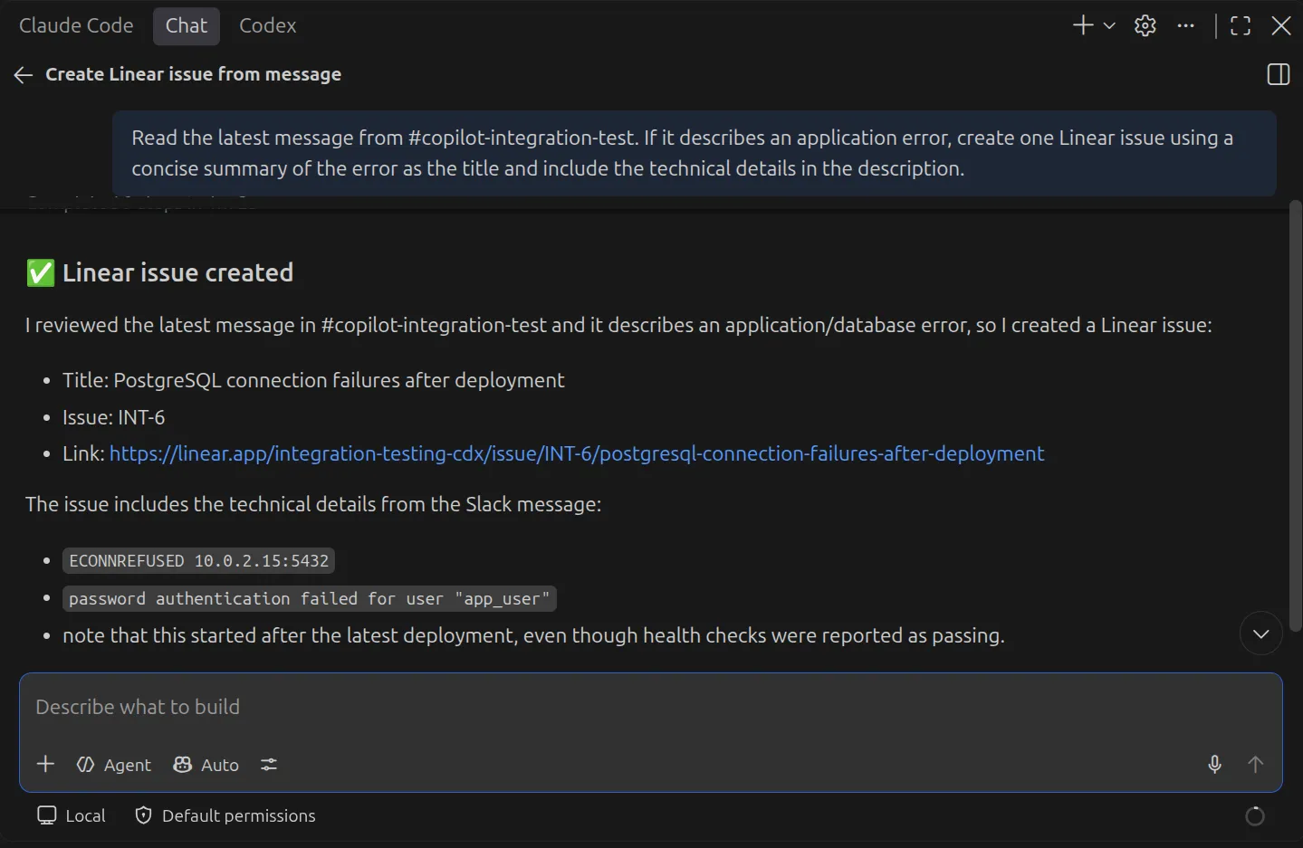 Screenshot of Copilot Chat confirming Linear issue creation alongside a split view of the generated ticket