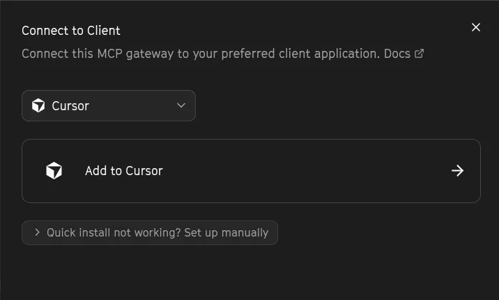 Add to Cursor button on the MCP Gateways tab