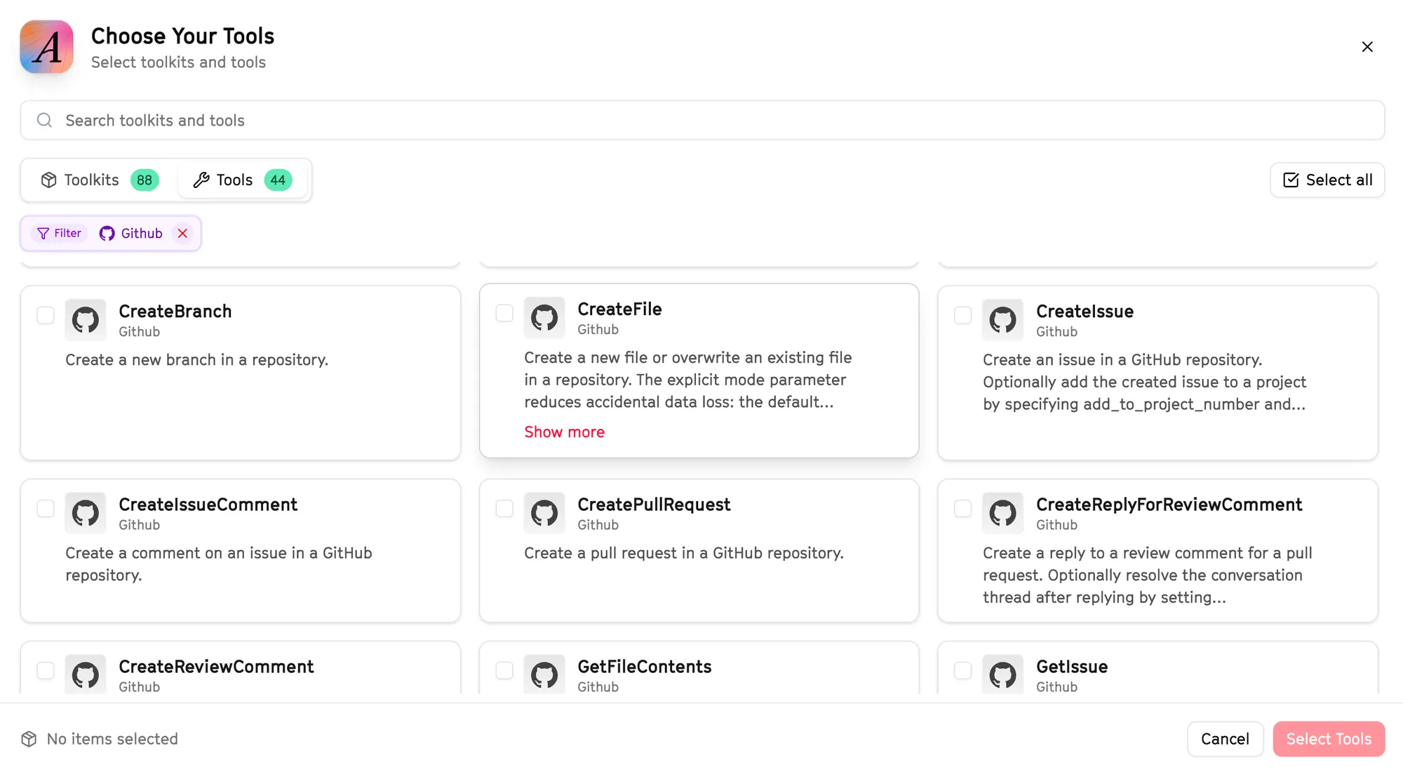 Arcade Gateway settings for selecting fine-grained tool permissions