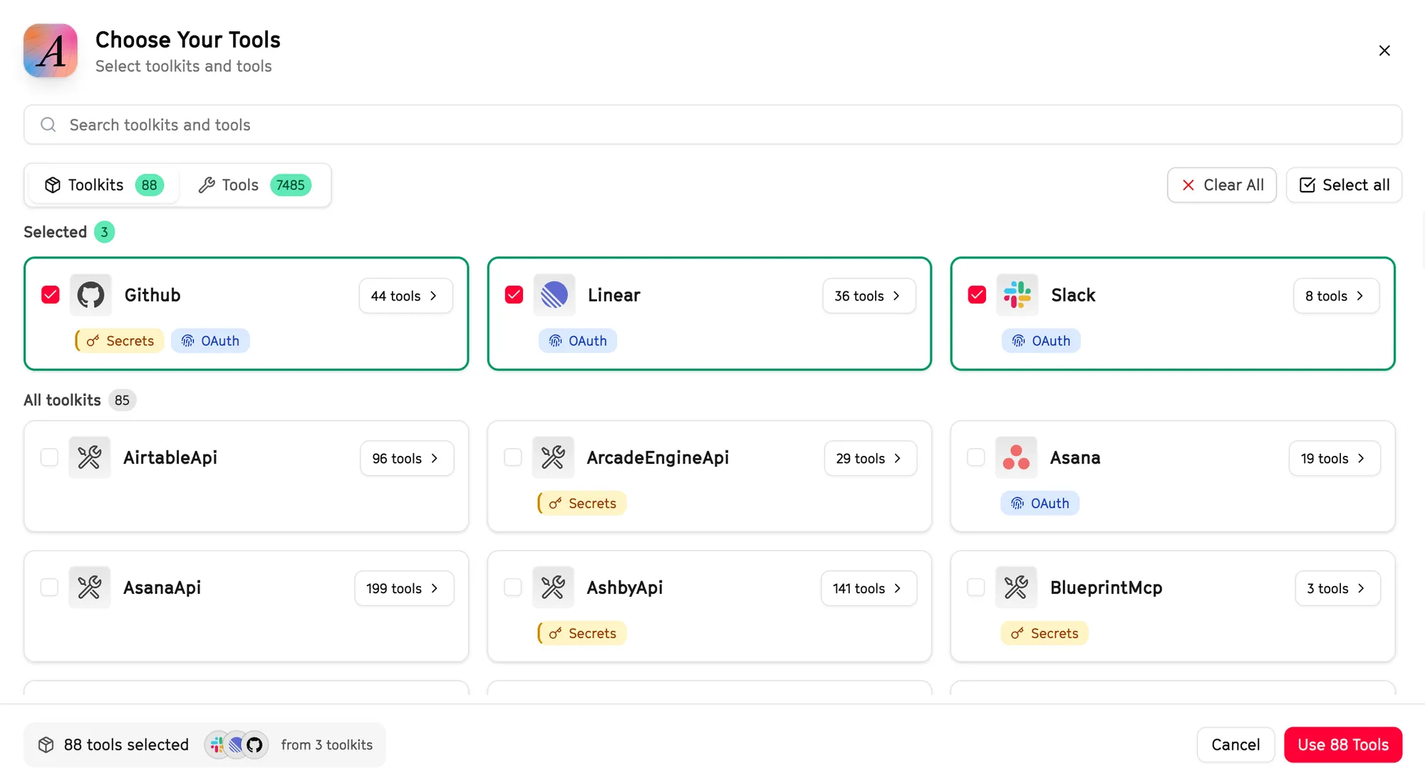 Arcade dashboard view for adding GitHub, Linear, and Slack tools to a Gateway