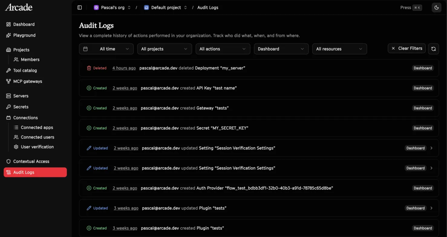 Arcade audit log dashboard with filter controls for project, user, resource type, and action