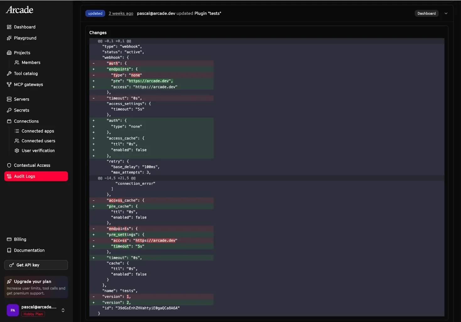 Arcade audit log diff view showing exactly what changed in a plugin update