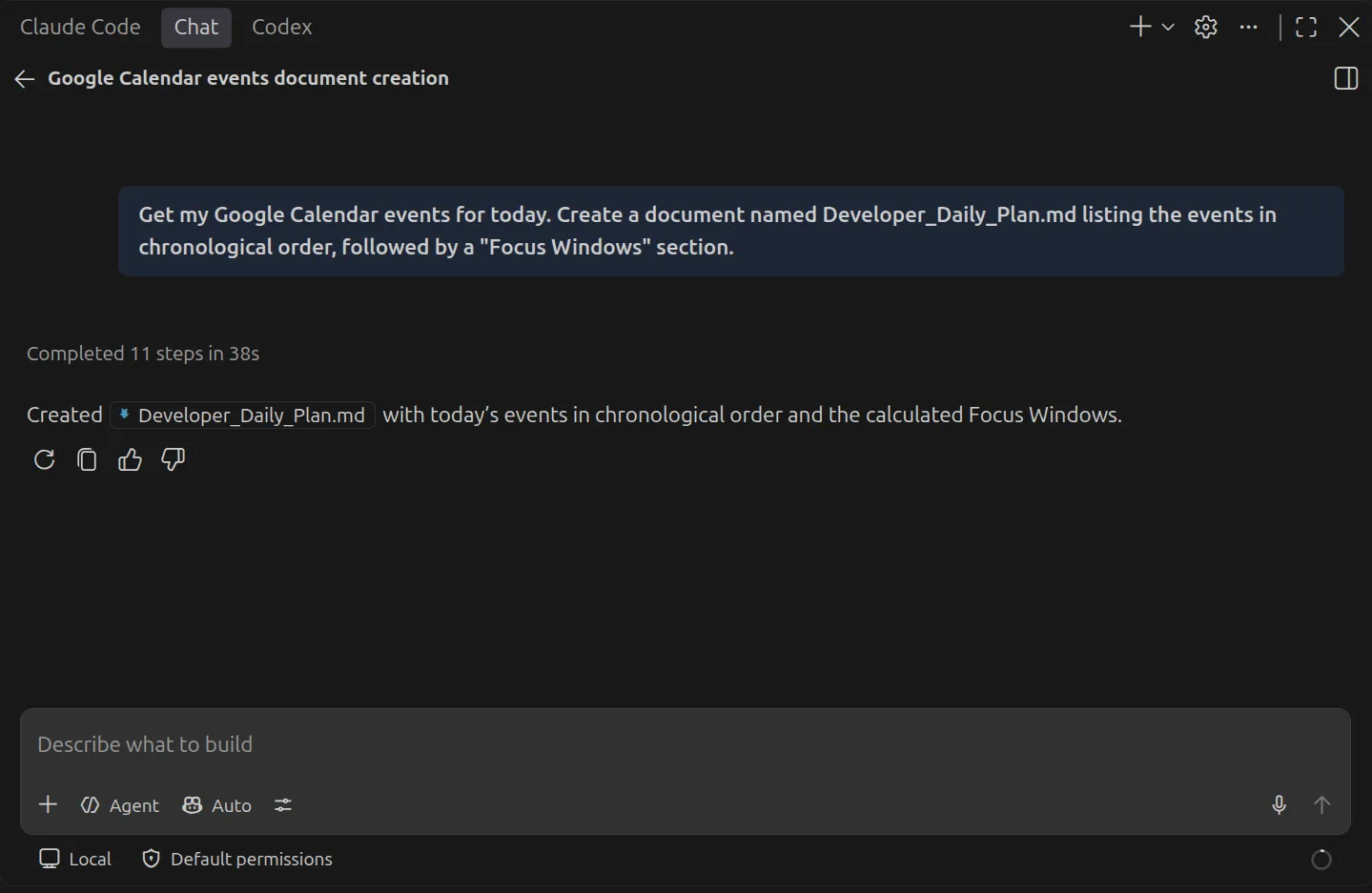 The Screenshot shows the sucessfull fetch of events from google calender and being converted into a doc.