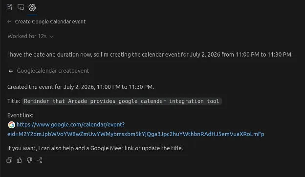 Screenshot showing Codex successfully scheduling a Google Calendar event