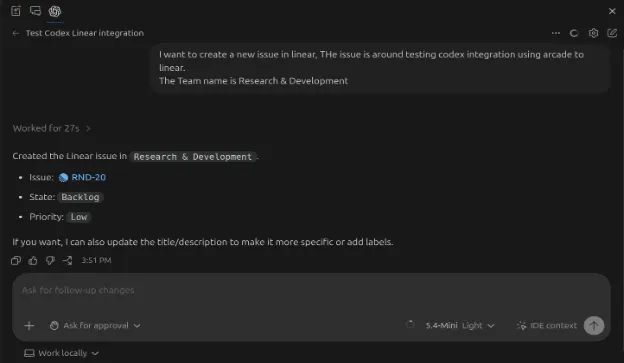 Screenshot of Codex in the IDE creating a Linear issue