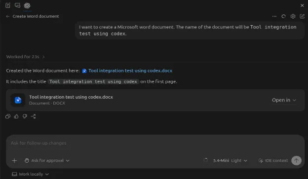 Screenshot of Codex creating a Microsoft Word document
