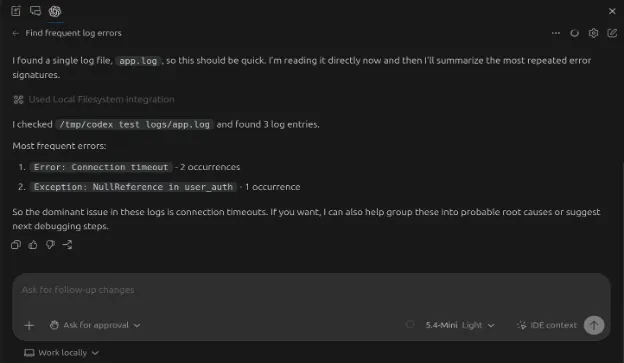 Screenshot of the Codex interface finding frequent log errors