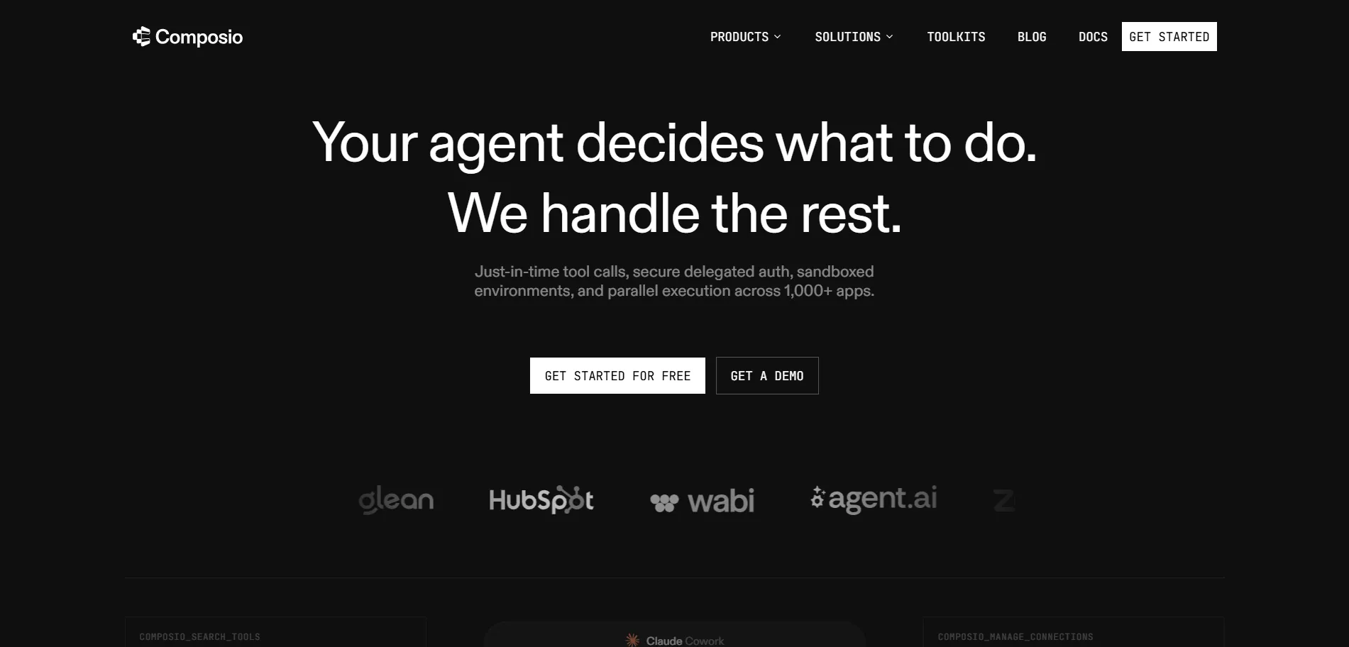 Composio homepage — your agent decides what to do