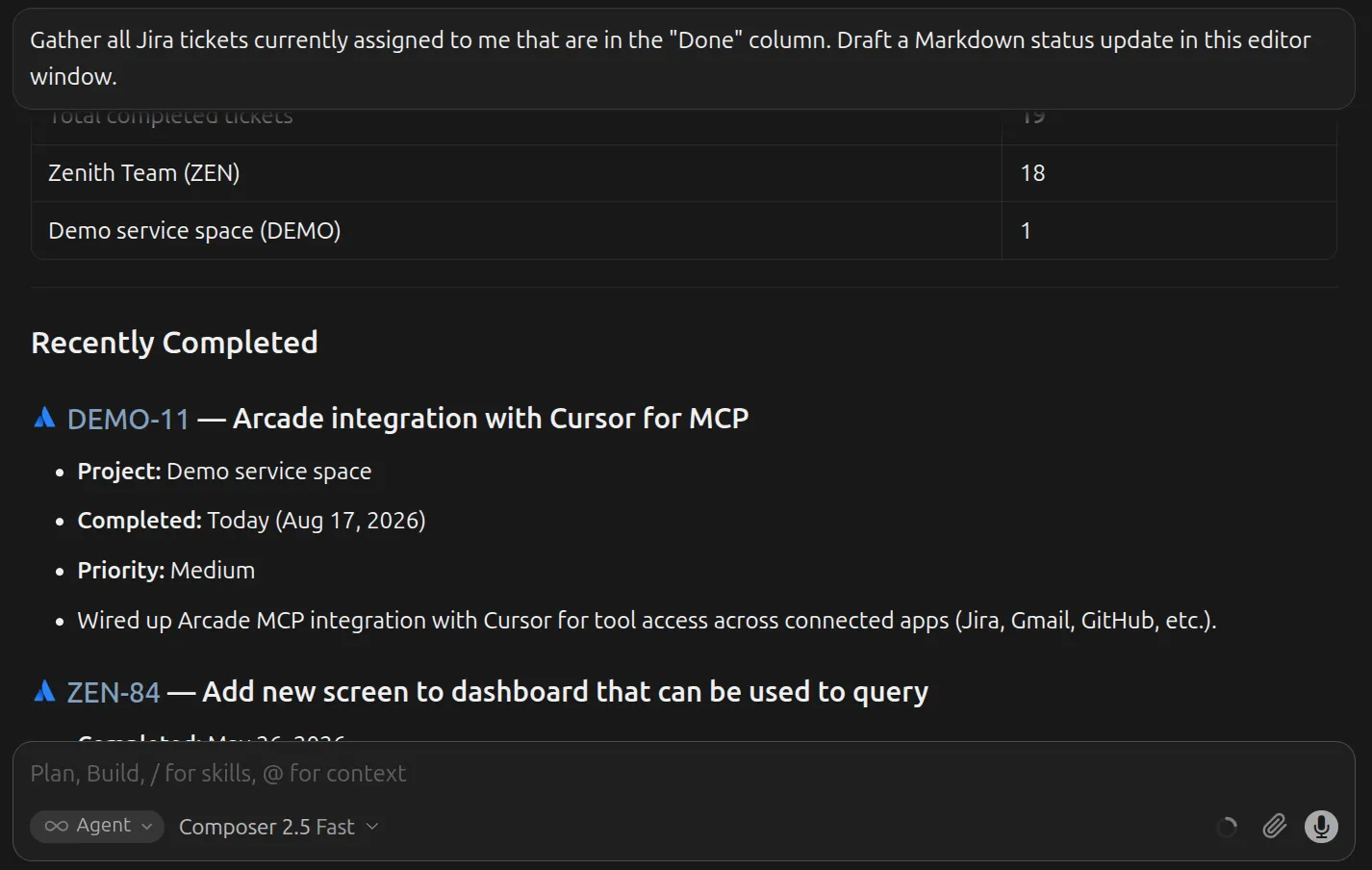 Screenshot of Cursor editor natively generating a clean Markdown status report containing Jira ticket IDs links