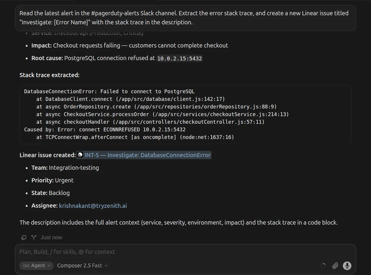 Screenshot of Cursor Composer showing the tool execution step, followed by the successful creation of a Linear issue