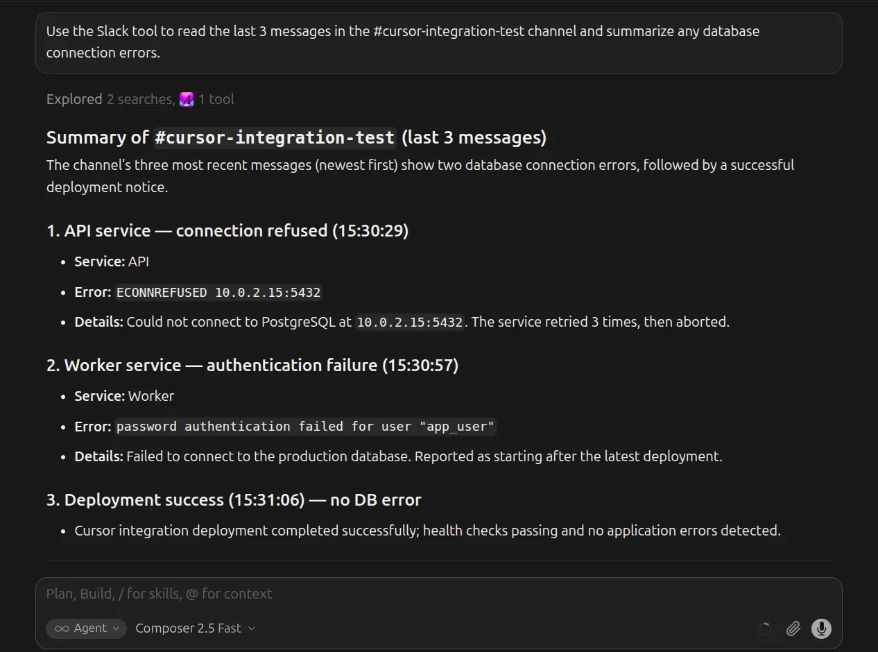 Screenshot of Cursor Composer successfully executing the Slack tool call, showing the summarized database errors directly in the chat interface