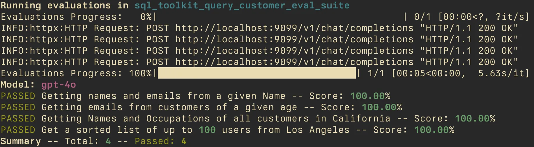 Output of the Arcade evaluation suite showing all eval cases passing