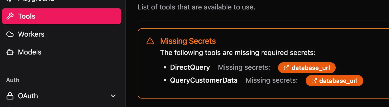 Arcade dashboard Tools tab showing the new tools with a warning to set the missing required secret