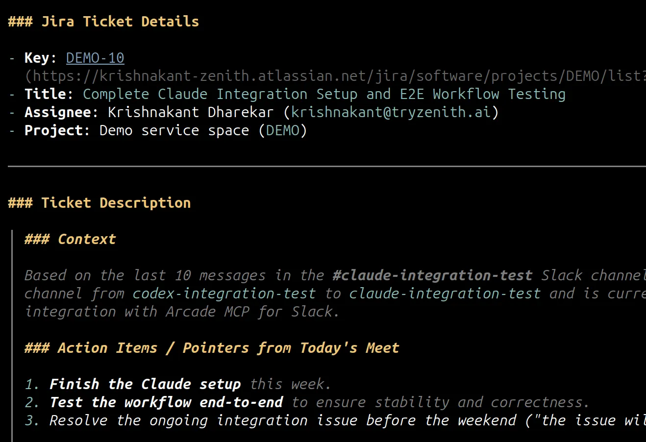 Terminal output showing how to securely connect Pi to Jira and Slack using Arcade.dev MCP tools to create a ticket without exposing local API keys