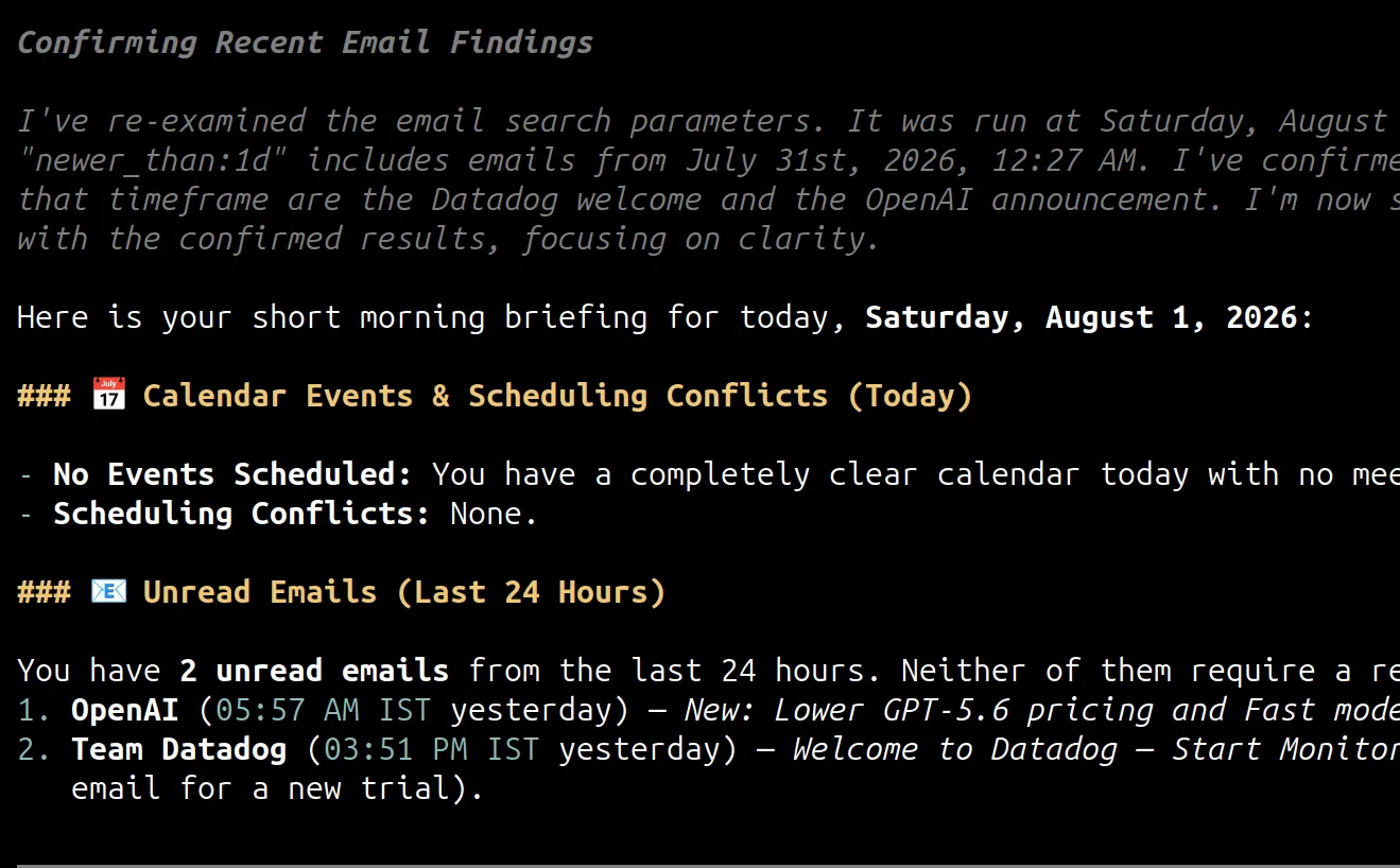 Terminal output showing how Pi securely accesses Gmail and Google Calendar using Arcade MCP tools to generate a morning briefing