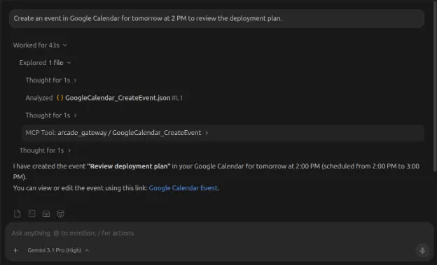 Antigravity scheduling a Google Calendar event via MCP tool integration