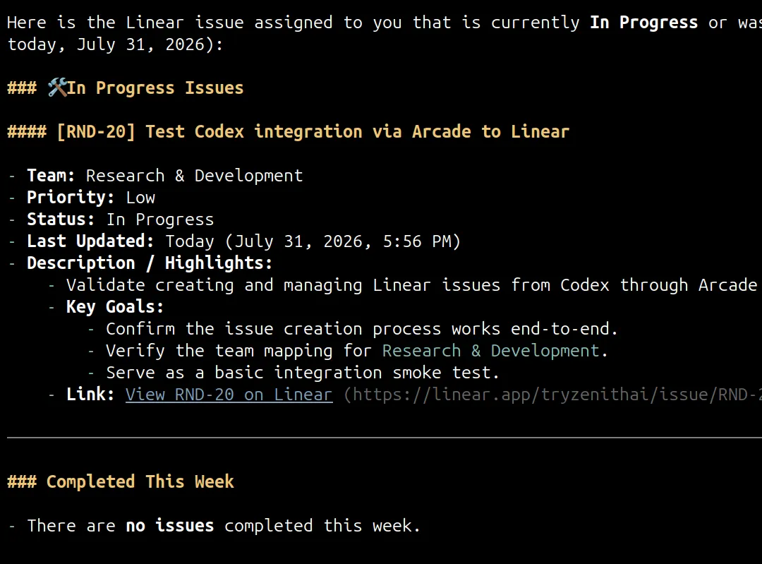 Terminal output showing Pi AI agent summarizing Linear issues securely using OAuth delegation via the Arcade.dev MCP runtime
