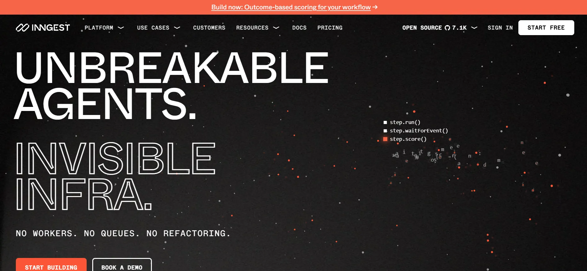 Inngest homepage promoting durable agent execution with step.run, step.waitForEvent, and step.score primitives