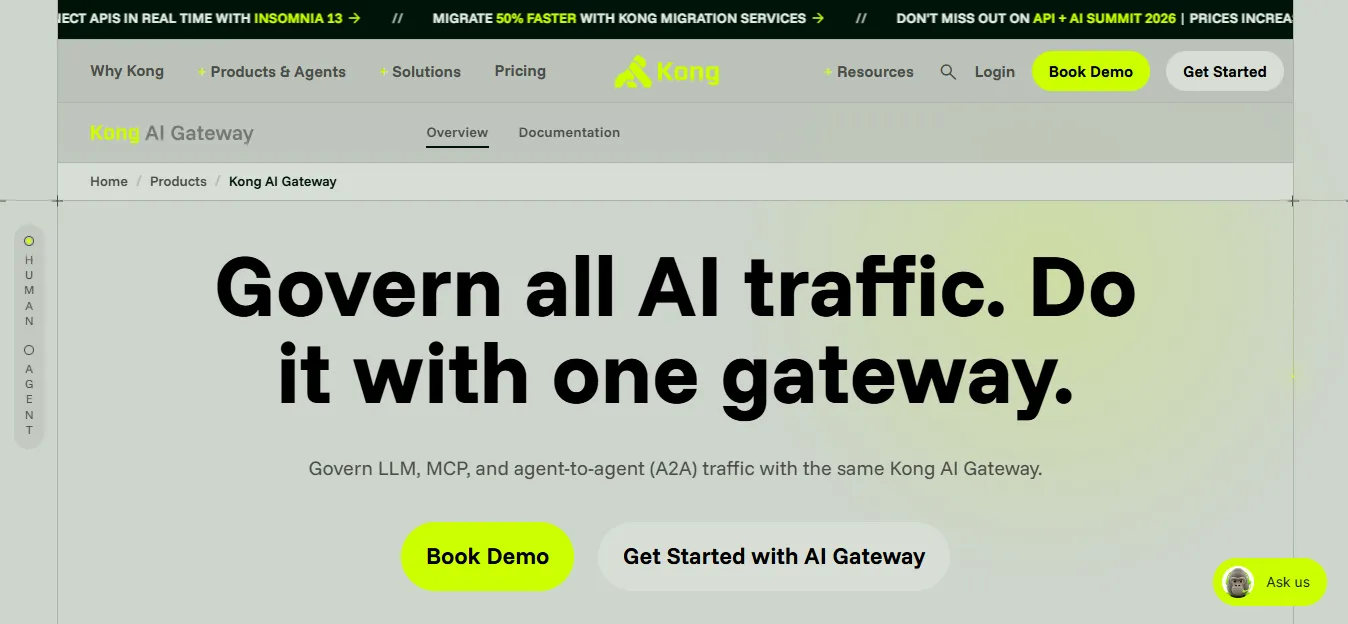 Kong AI Gateway governing LLM, MCP, and agent-to-agent traffic