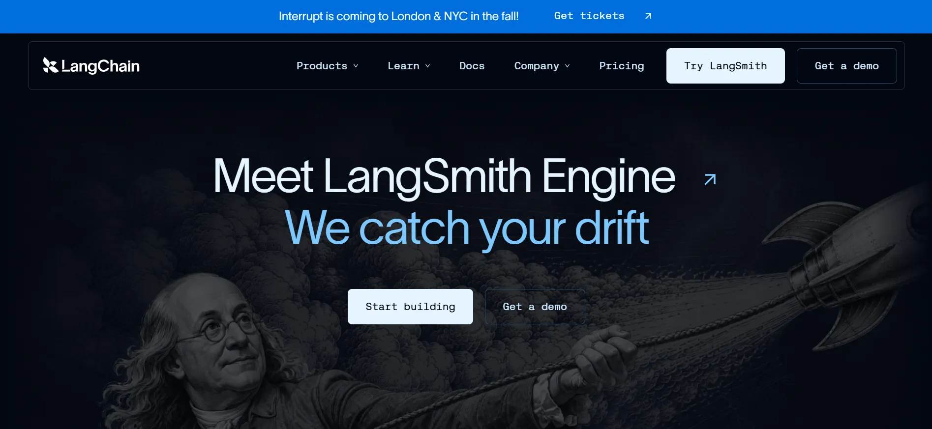 LangChain homepage promoting LangSmith Engine for tracing and evaluating TypeScript AI agents