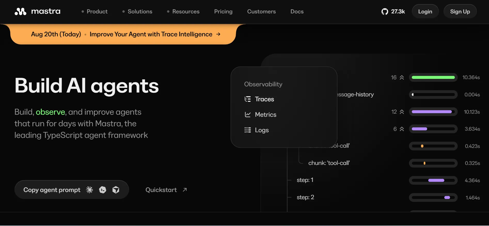 Mastra homepage describing Mastra as the leading TypeScript agent framework, with an observability panel showing traces, metrics, and logs