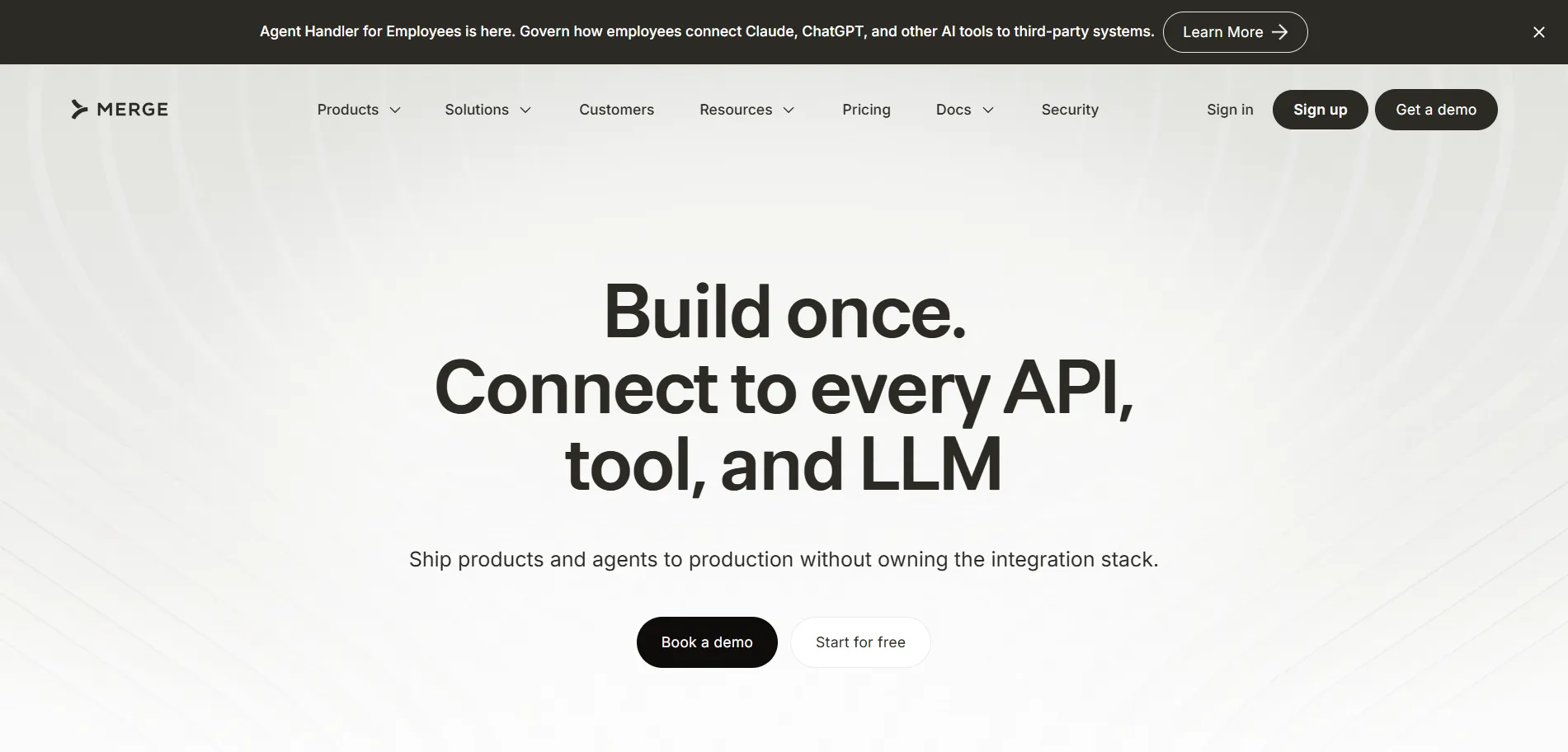 Merge homepage — build once, connect to every API, tool, and LLM