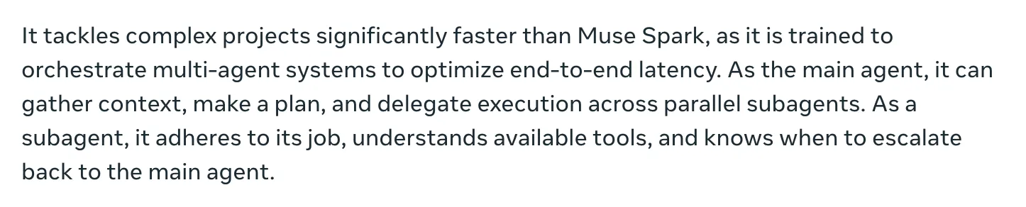 Screenshot of Meta’s Muse Spark page describing it orchestrating multi-agent systems and delegating execution across parallel subagents.