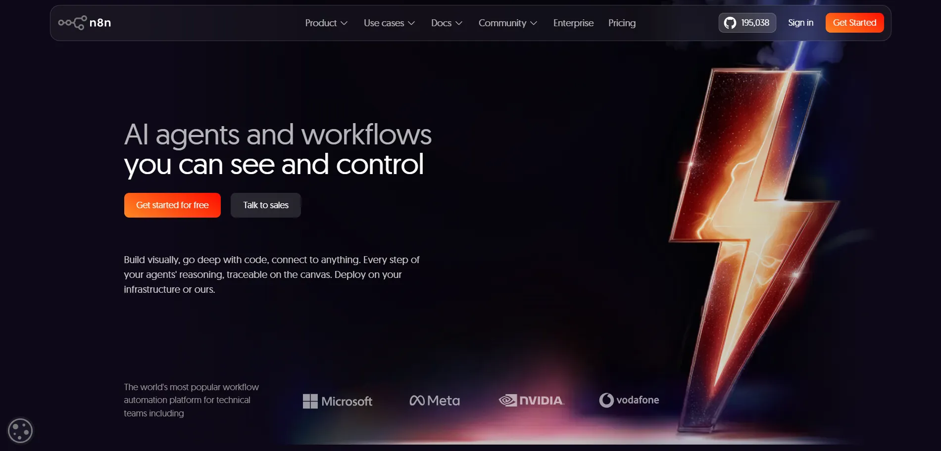 n8n homepage — AI agents and workflows you can see and control