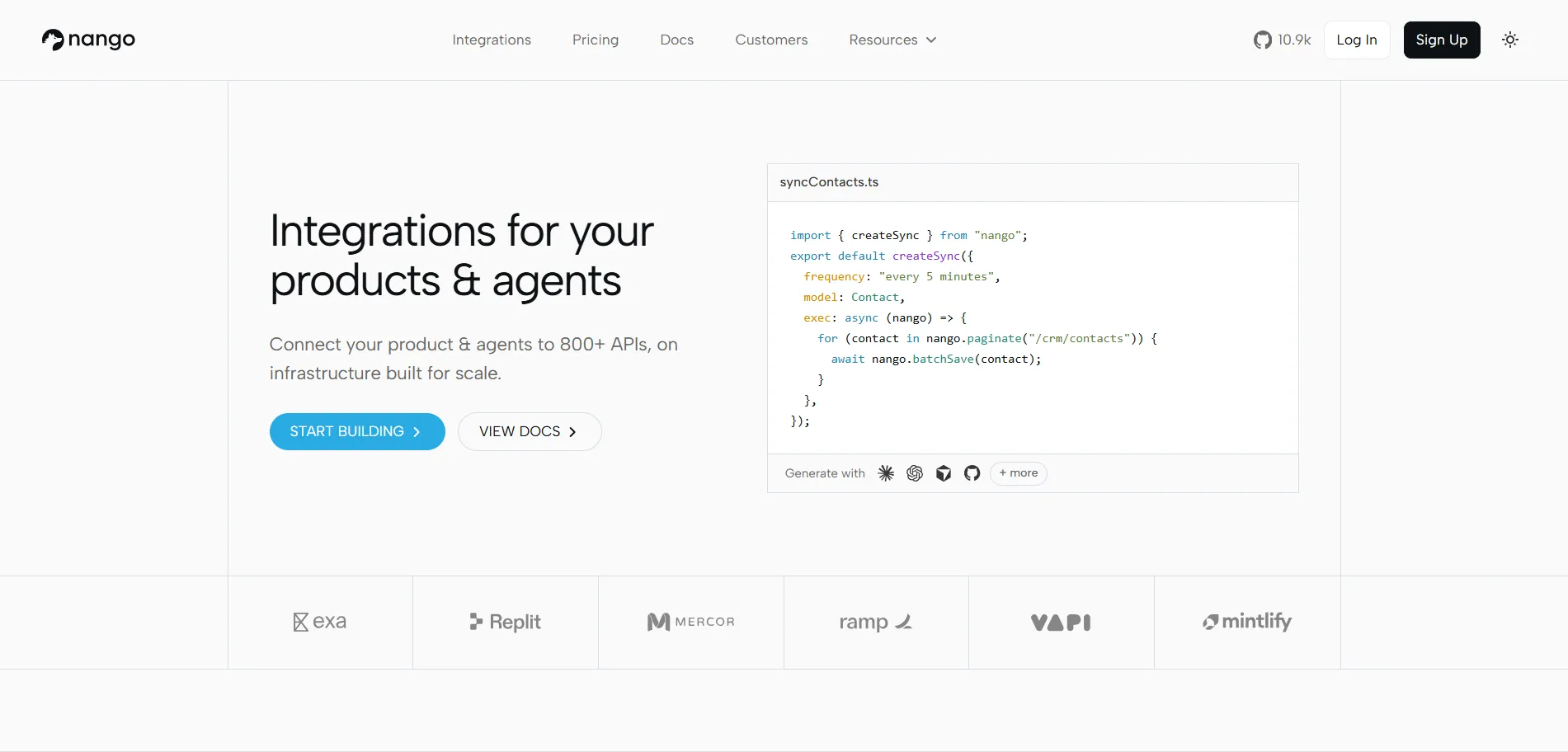 Nango homepage — integrations for your products and agents