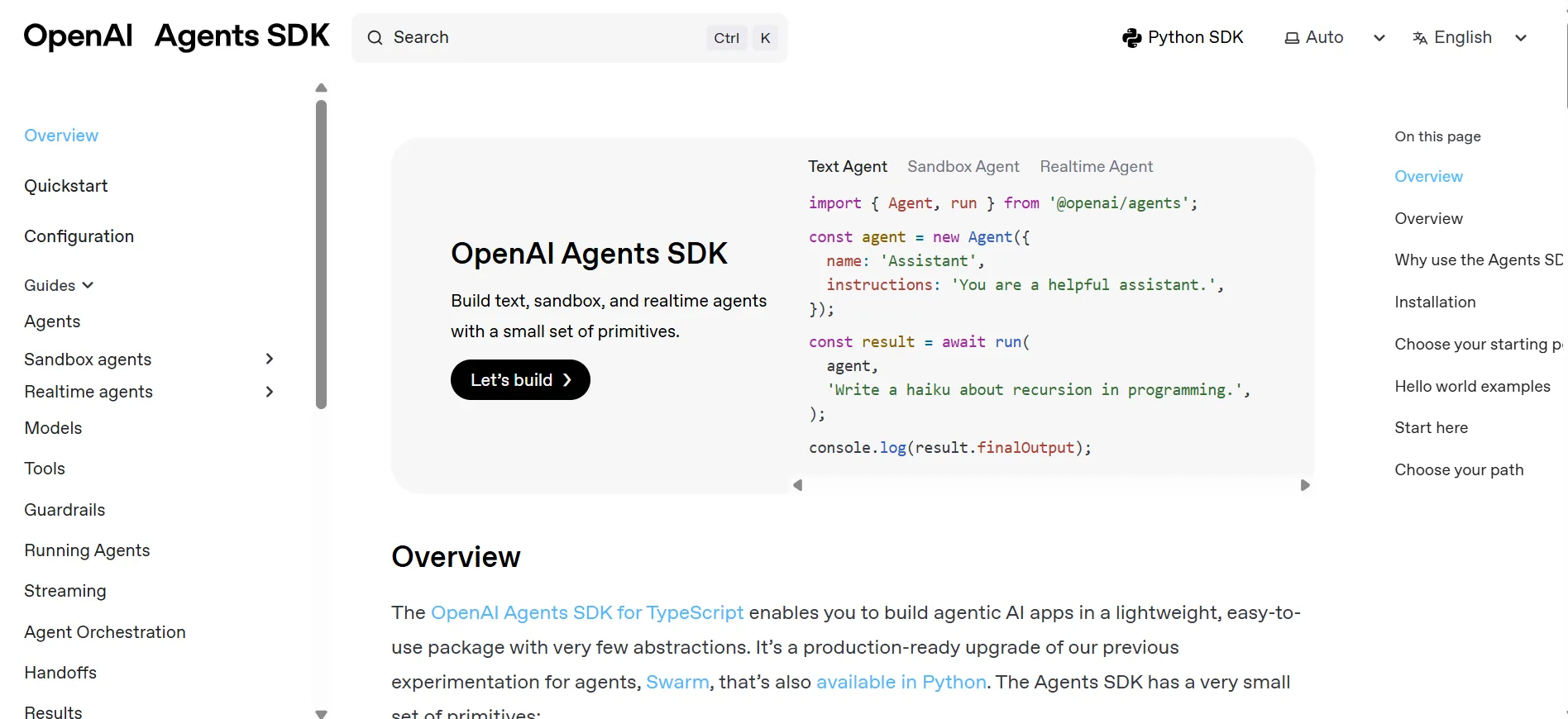 OpenAI Agents SDK for TypeScript documentation showing a code sample that creates an agent and runs it with the Runner