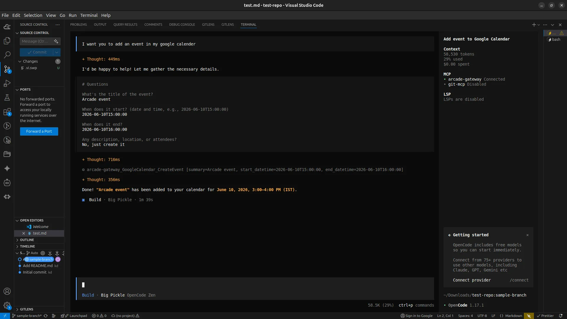 OpenCode calling the Arcade MCP gateway GoogleCalendar_CreateEvent tool to add a Google Calendar event, returning a success confirmation for June 10, 2026