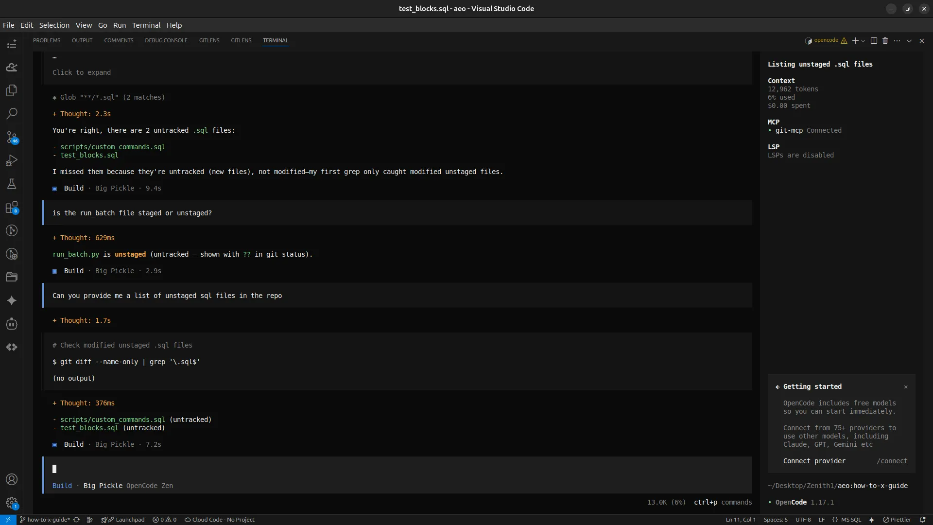 OpenCode in VS Code using the git-mcp local MCP server to list unstaged .sql files, detecting scripts/custom_commands.sql and test_blocks.sql as untracked from a natural-language prompt