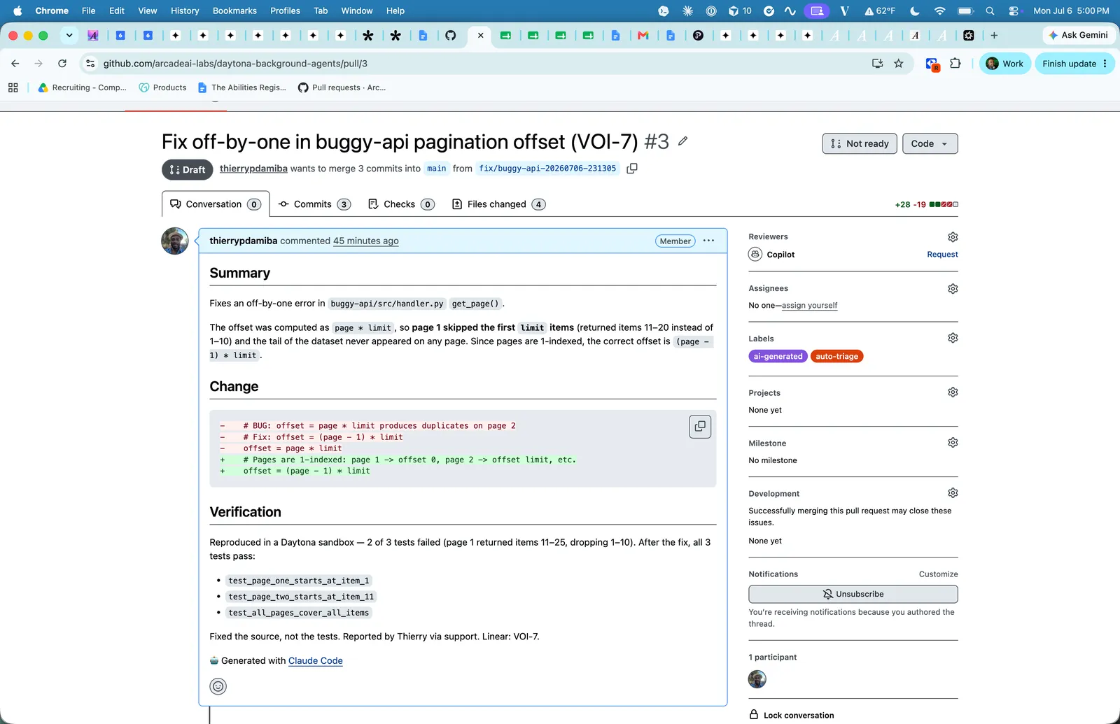 PR #3: the agent’s draft pull request, forced to draft by policy and labeled ai-generated and auto-triage, authored by the human it acted for