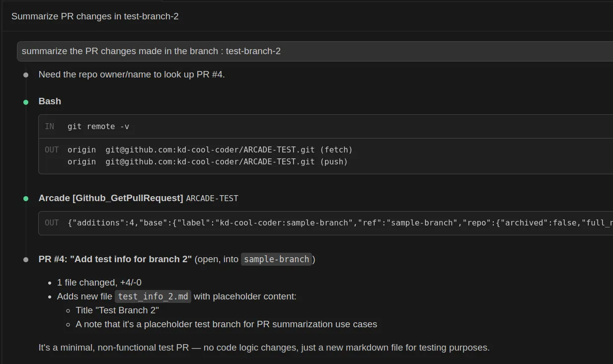 Claude Code terminal output summarizing the pull request’s changes for that branch