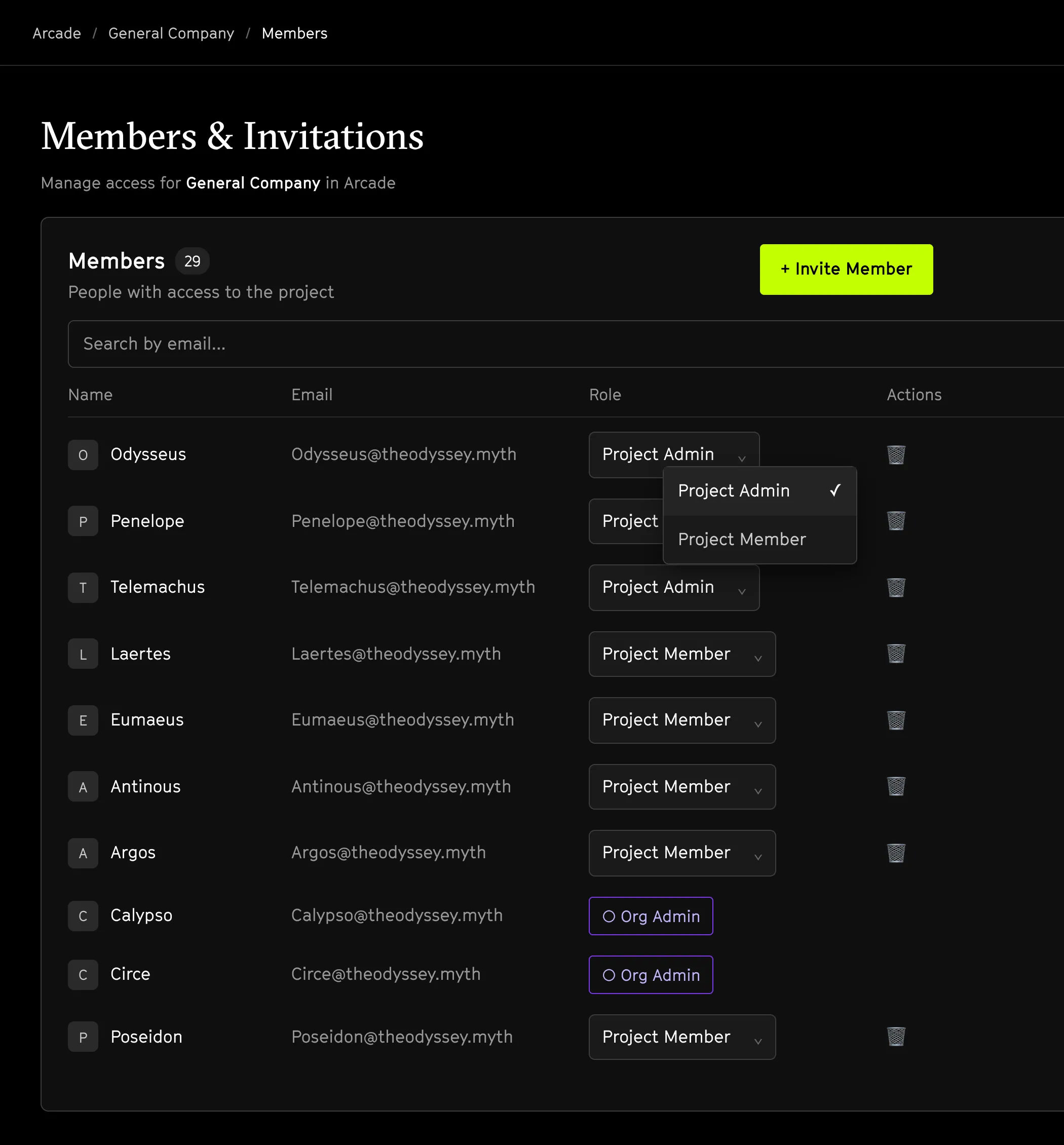 The Members & Invitations screen in the Arcade dashboard, assigning each member a role from a dropdown alongside organization admins