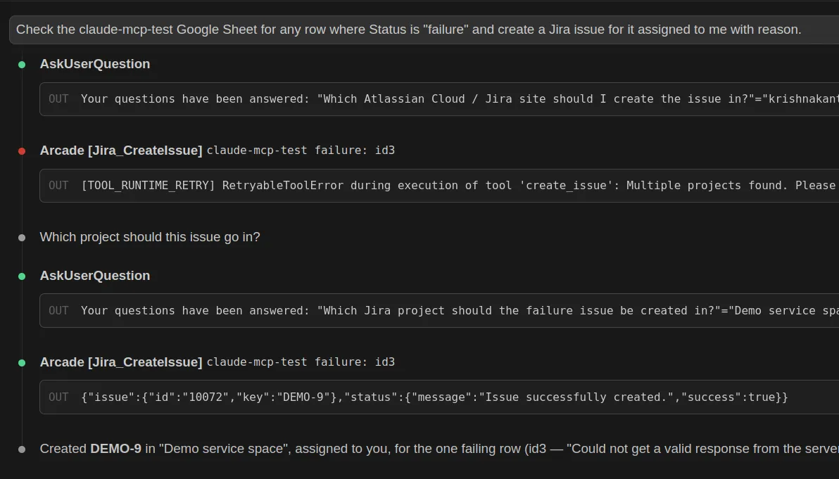 Claude Code terminal showing the flagged row it found and the resulting Jira ticket link