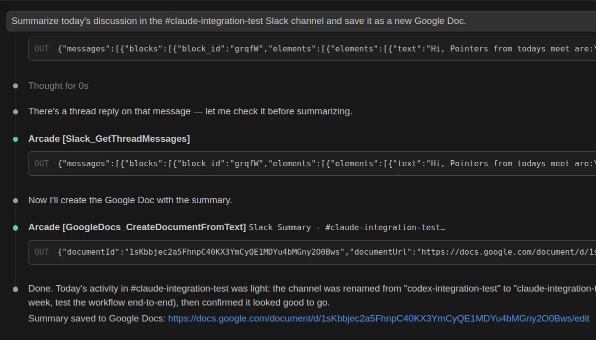 Claude Code confirming the new Google Doc was created, with a link to open it