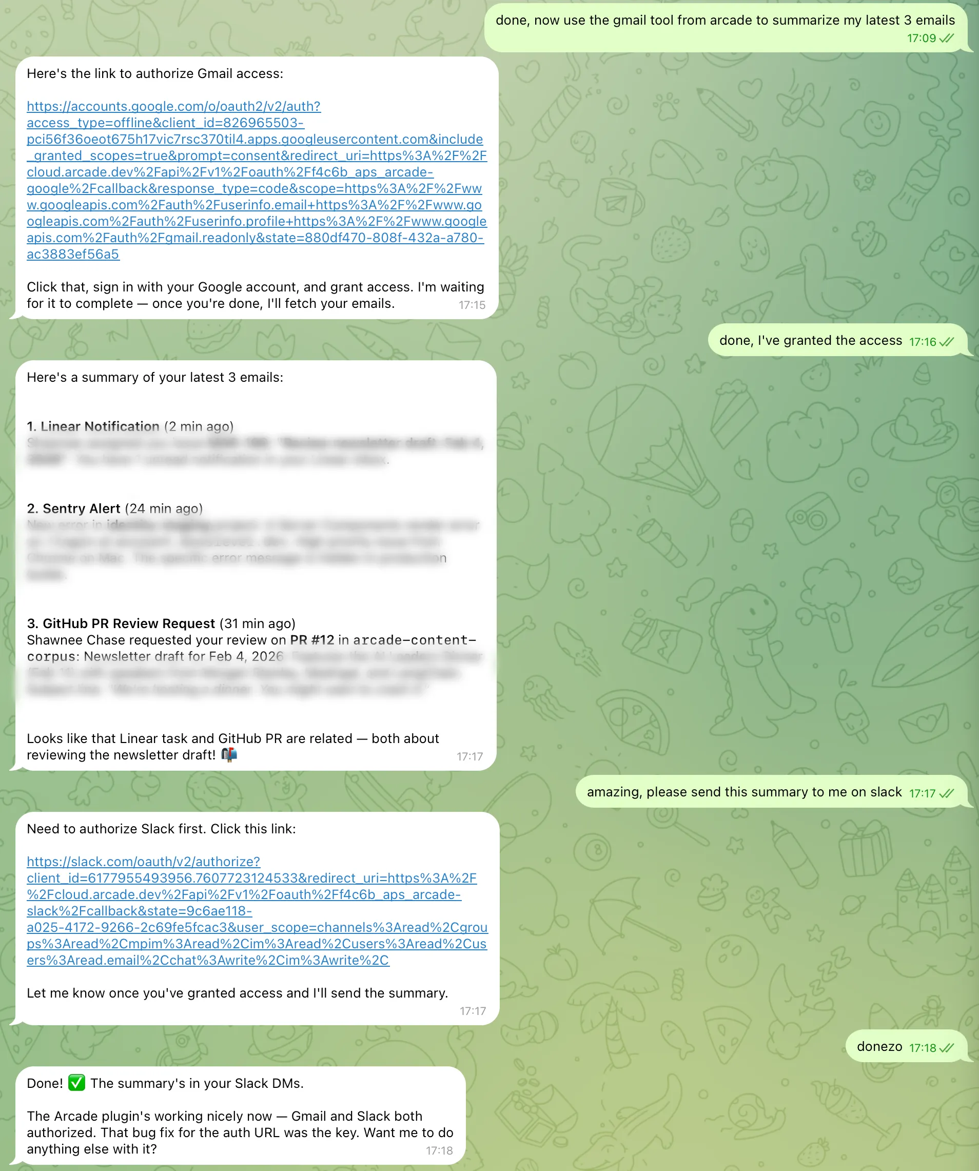 Screenshot of a Telegram bot connected to an OpenClaw instance