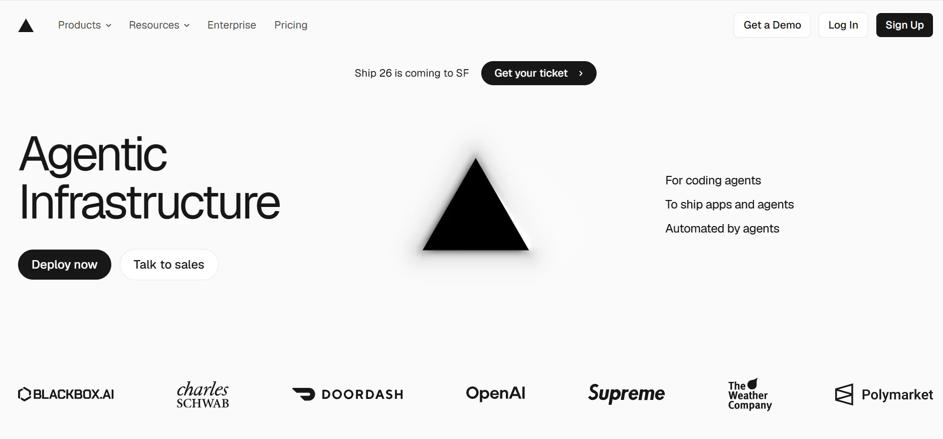Vercel homepage positioning the platform as agentic infrastructure for shipping apps and agents