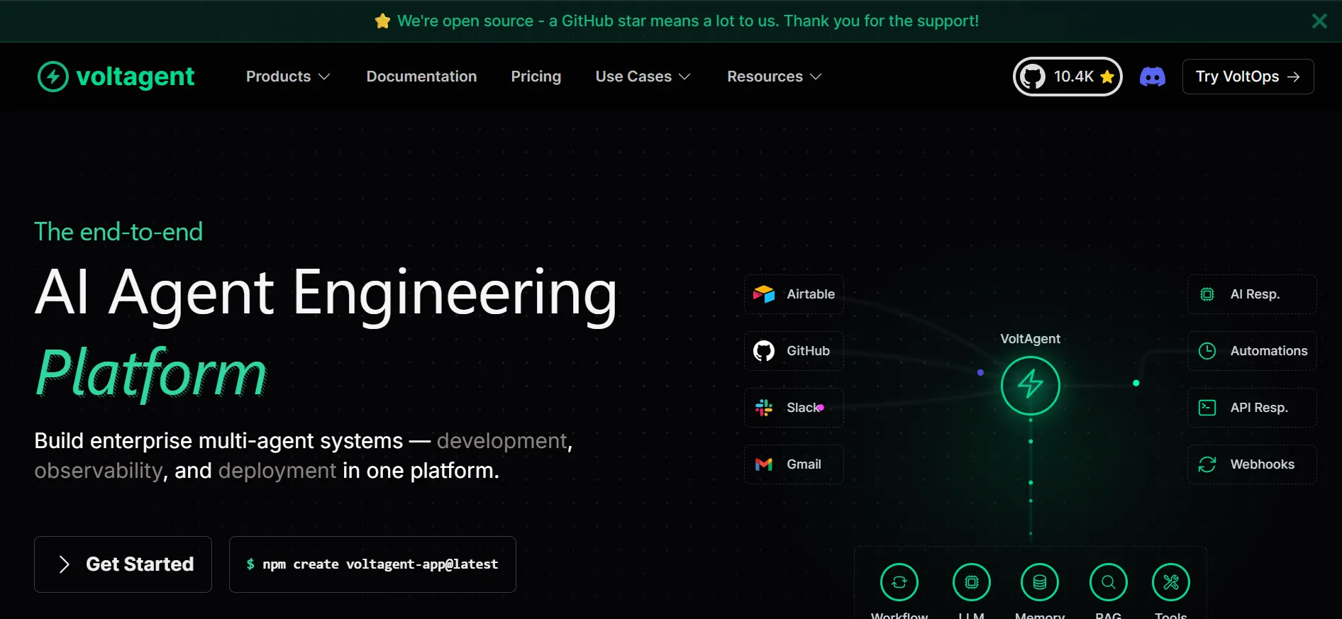 VoltAgent homepage showing its AI agent engineering platform connecting Airtable, GitHub, Slack, and Gmail to an agent runtime