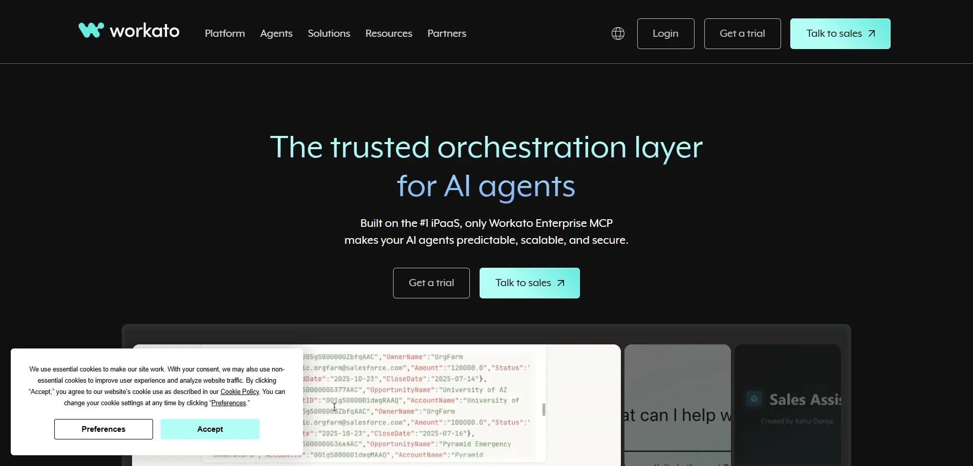 Workato homepage — the trusted orchestration layer for AI agents