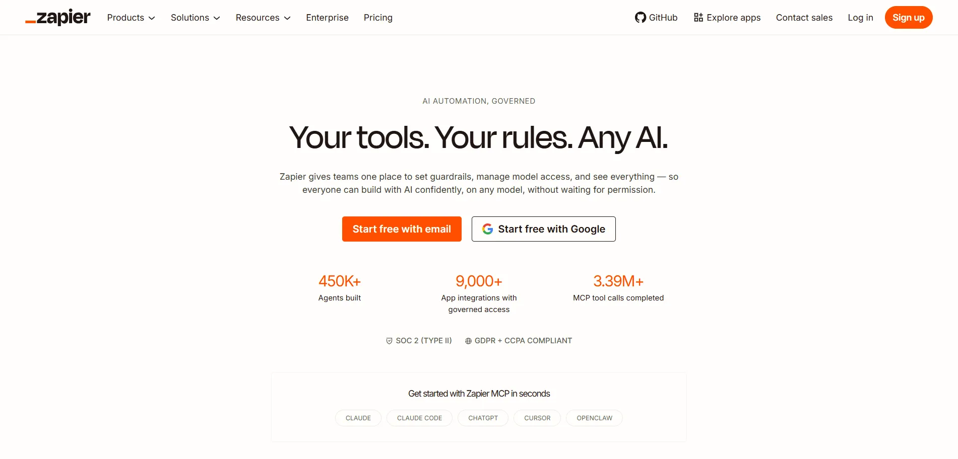 Zapier homepage — your tools, your rules, any AI